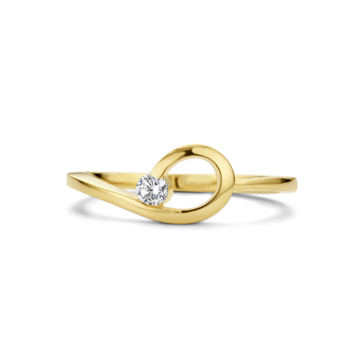 De Van der Kooij Collectie ring zirkonia 14K geelgoud heeft een modern open lusontwerp met een enkele ronde zirkonia gezet waar de band elkaar kruist.