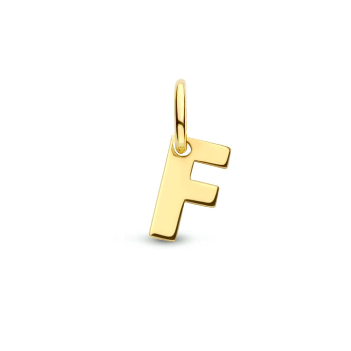 De Van der Kooij Collectie hangerletter 14K geelgoud is een F-vormige hanger van geelgoud met een klein oogje om aan een ketting te bevestigen, afgebeeld op een effen witte achtergrond.
