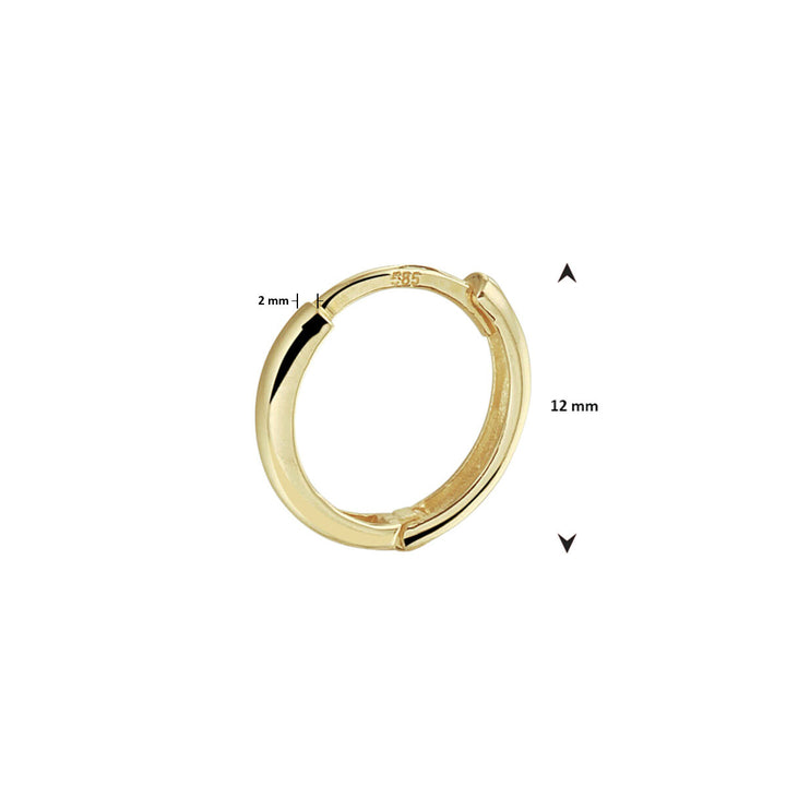 De klapoorring per stuk 14K geelgoud van Van der Kooij Collectie is getoond op een witte achtergrond, met 2 mm dikte en 12 mm diameter-stijlvolle oorsieraden dames of als subtiele 2 mm oorring voor dagelijks gebruik.