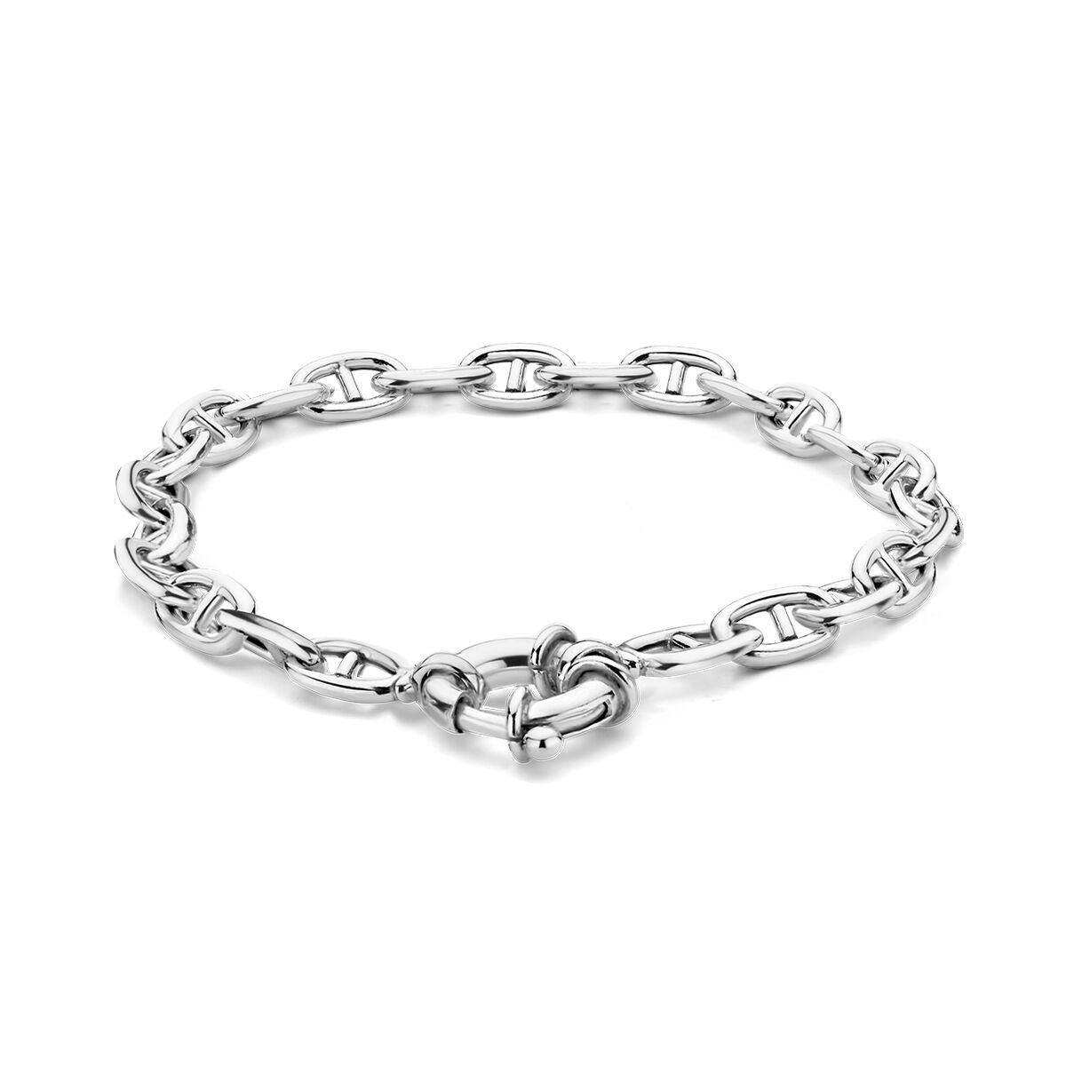 Armband aus rhodiniertem Silber mit großen Gliedern und einem großen Federringverschluss, 19 cm lang