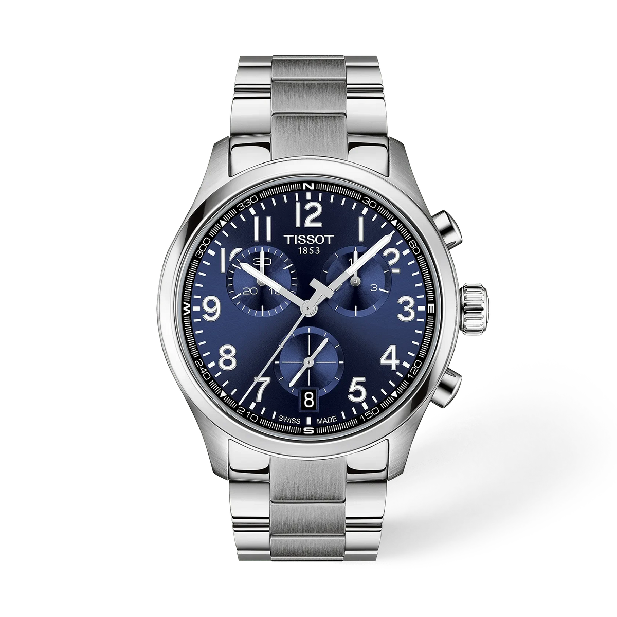 Herrenchronograph mit silbernem Gehäuse und blauem Zifferblatt, Edelstahlarmband