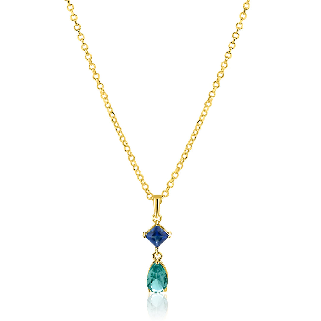 De Zinzi ketting ZIC2745 van Zinzi heeft een vergulde ketting met een vierkante turquoise steen boven een traanvormige groene edelsteen, allemaal gezet in goud.