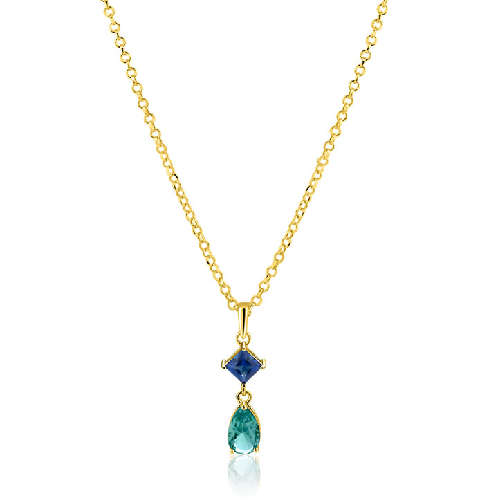 De Zinzi ketting ZIC2745 van Zinzi heeft een vergulde ketting met een vierkante turquoise steen boven een traanvormige groene edelsteen, allemaal gezet in goud.