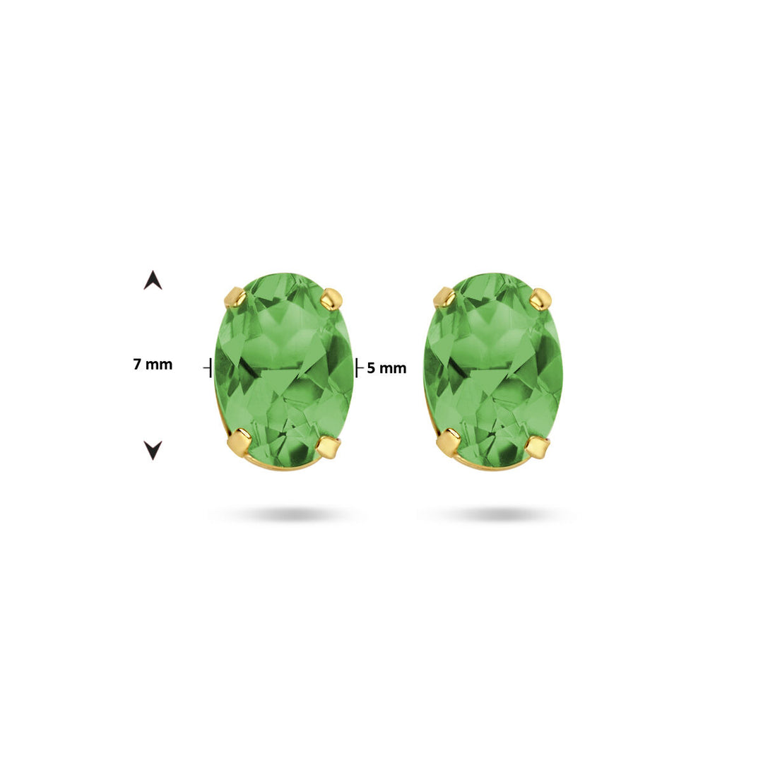 De Van der Kooij Collectie oorknoppen groen agaat 14K geelgoud zijn ovale oorbellen met 14k geelgouden knopjes, 7x5 mm groot en afgebeeld op een witte achtergrond.