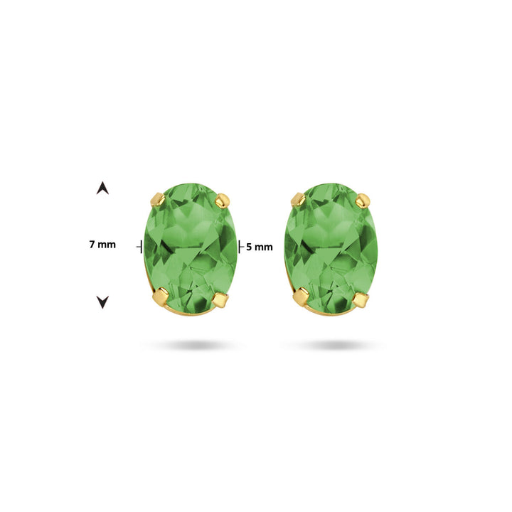 De Van der Kooij Collectie oorknoppen groen agaat 14K geelgoud zijn ovale oorbellen met 14k geelgouden knopjes, 7x5 mm groot en afgebeeld op een witte achtergrond.