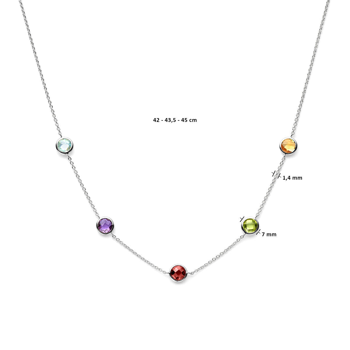 De Van der Kooij Collectie zilveren ketting dames kleurstenen gerhodineerd heeft vijf kleurrijke stenen (blauw, geel, groen, rood, paars) en wordt stijlvol gepresenteerd op een witte achtergrond. Kettinglengte en steengrootte vermeld.