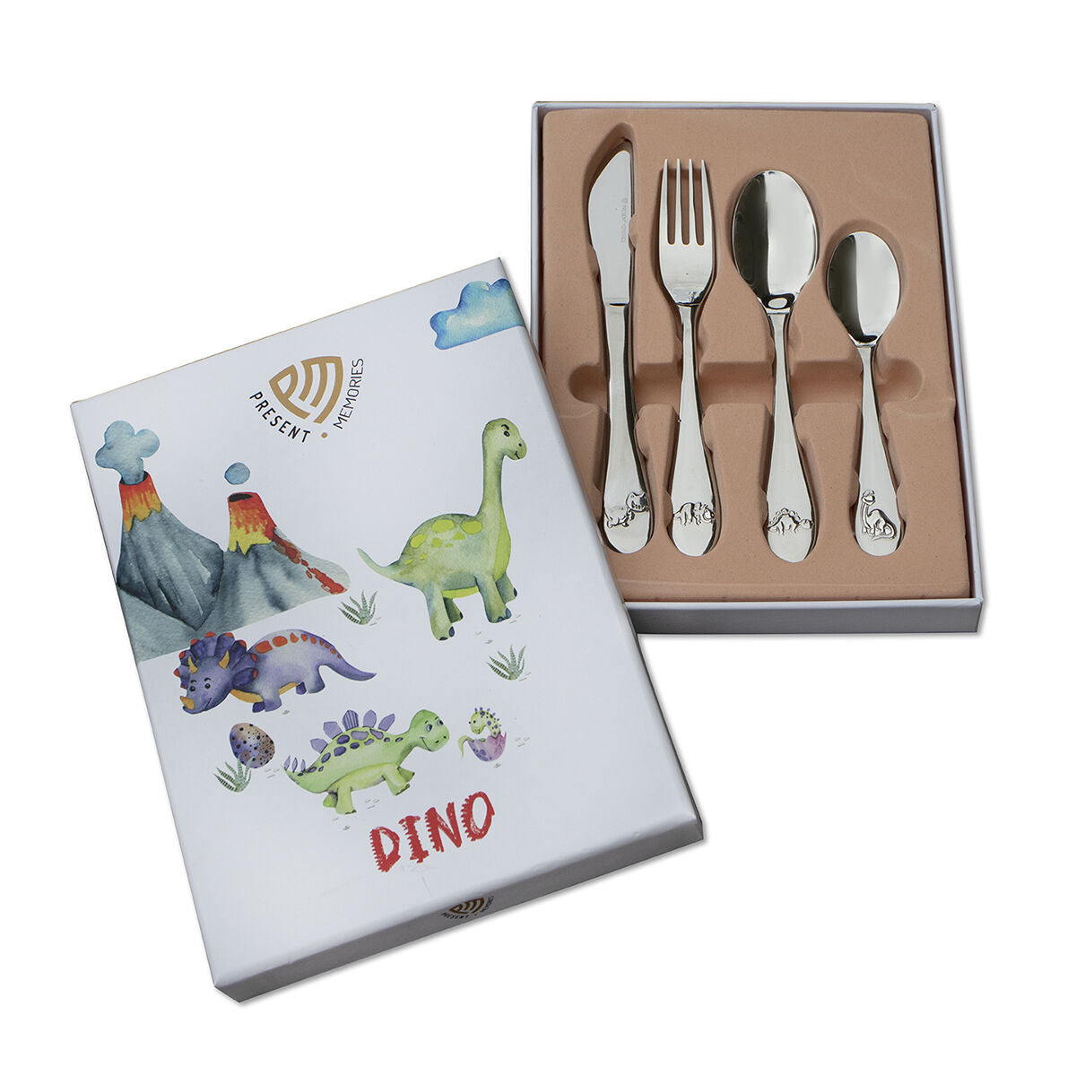 Kinderbesteck aus Edelstahl mit Dinosaurier-Motiv in Geschenkbox
