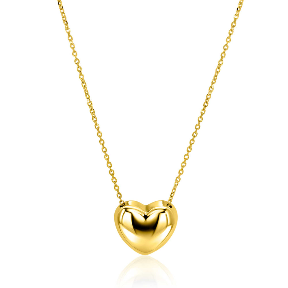 De Zinzi ketting ZIC2672G 40-45 cm van Zinzi heeft een gepolijste, hartvormige hanger aan een fijne gouden ketting, prachtig weergegeven tegen een witte achtergrond.