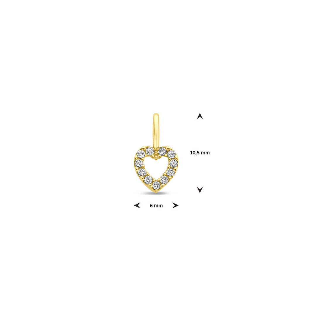 De hanger hartje zirkonia 10,5 mm van 14K geelgoud uit de Van der Kooij Collectie heeft een elegant hartvormig ontwerp met zirkonia's, is 10,5 mm hoog en 6 mm breed, en wordt gebruikelijk op een witte achtergrond met maatpijlen.