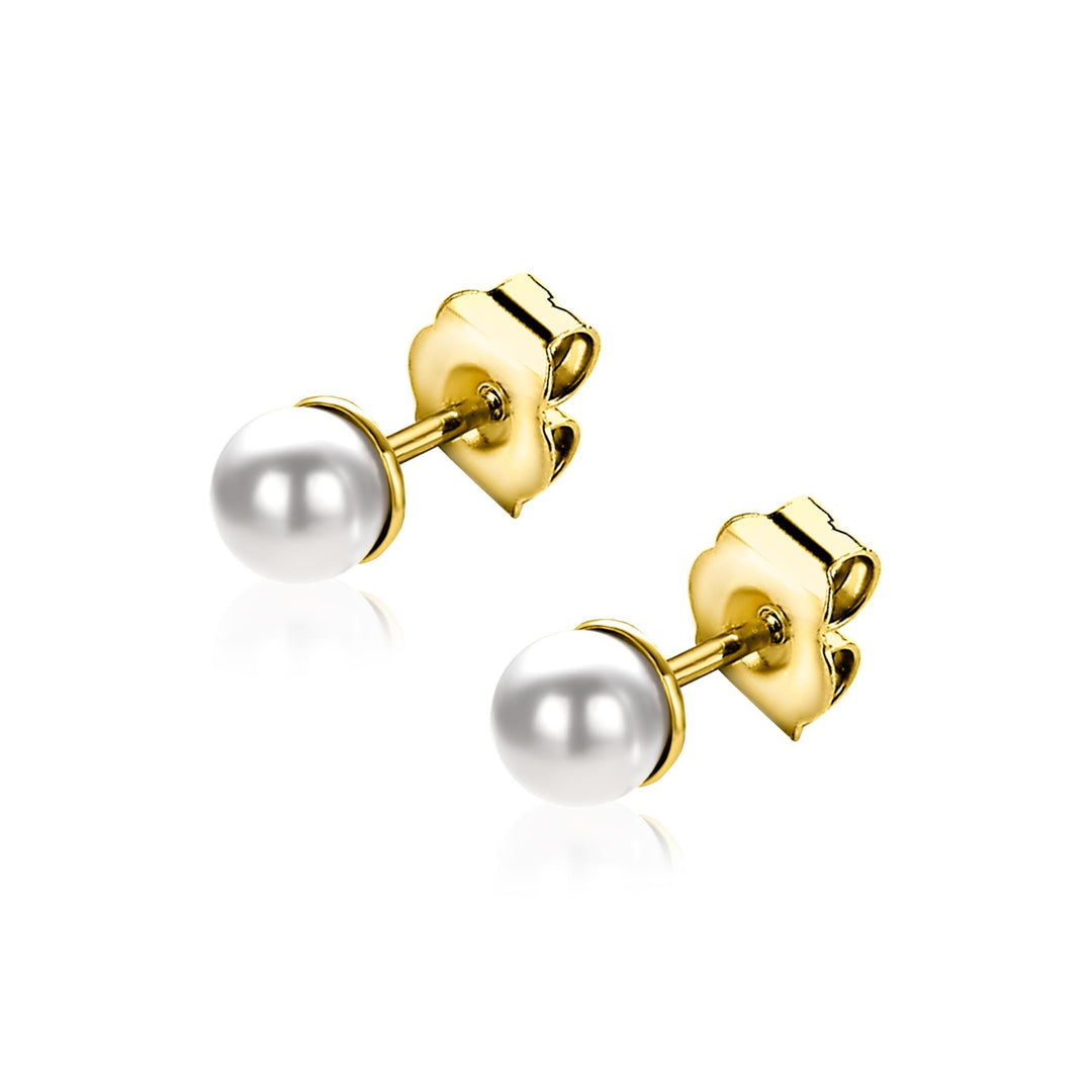 Zinzi ZIO1318Y verguld zilveren oorbellen met 4mm witte parels, afgebeeld op een witte achtergrond.