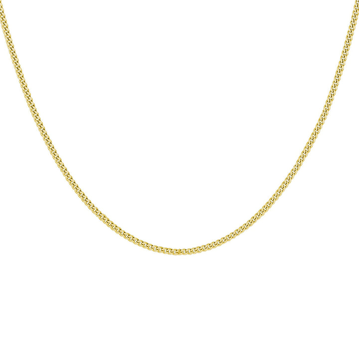 De Juwelier van der Kooij goudkleurige heren ketting gourmette (1,4 mm zilver verguld) is gebogen afgebeeld op een witte achtergrond, met fijne, nauw verbonden gourmetteschakelschakels.