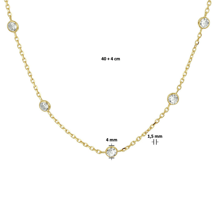 De Van der Kooij Collectie Gouden dames ketting zirkonia zilver verguld (geel) is een 925 zilver verguld collier van 40 + 4 cm met ronde zirkonia van 4 mm en een schakelbreedte van 1,5 mm.