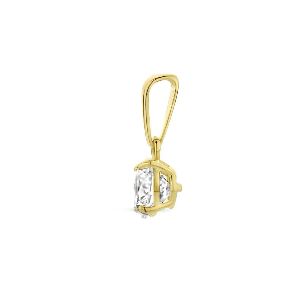 De Van der Kooij Collectie hanger zirkonia 14K geelgoud heeft een lusvormig oogje en een heldere, facetgeslepen zirkonia in chatonzetting. Stijlvol dames-sieraad gepresenteerd tegen een witte achtergrond.