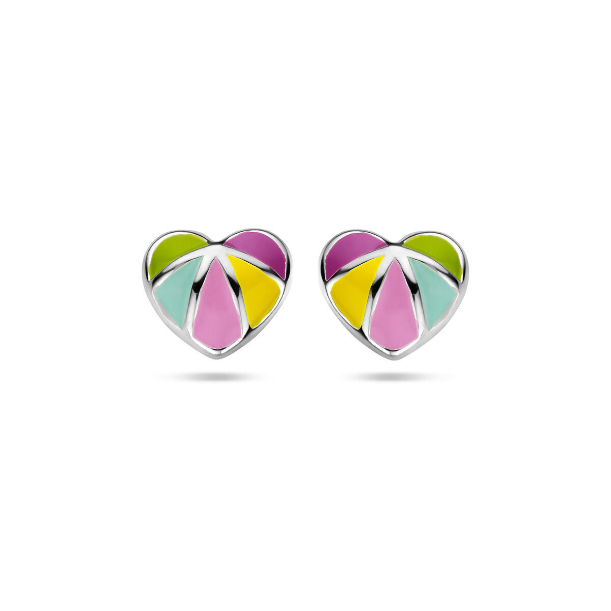 Ohrstecker in Herzform aus rhodiniertem Silber mit buntem Emaille-Design in Pink, Grün, Gelb und Blau