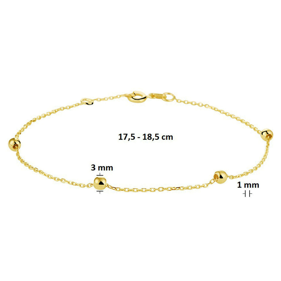 Subtiele Van der Kooij Collectie armband anker en bolletjes van 1,0 mm in 14K geelgoud, verstelbaar van 17,5 tot 18,5 cm. Perfect dames sieraad met fijn verdeelde goudkleurige kralen.