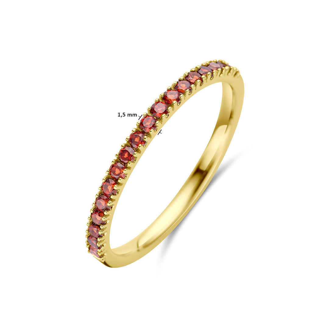 De Van der Kooij Collectie ring met geboortesteen granaat januari 14K geelgoud is een delicate damesring met ronde granaatstenen in een 1,5 mm geelgouden band, elegant gepresenteerd tegen een witte achtergrond.