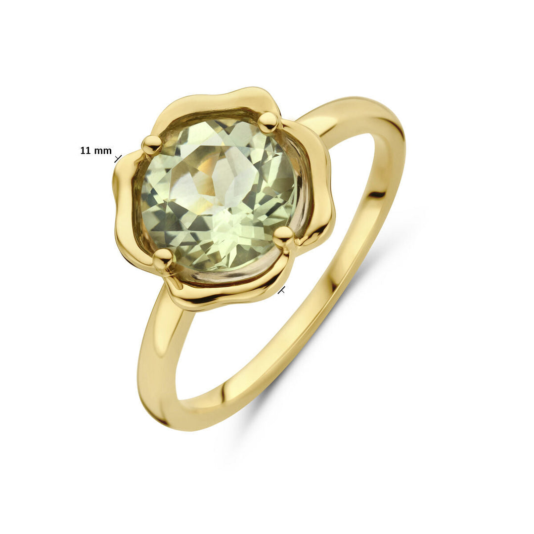 De Van der Kooij Collectie ring groen amethist 14K geelgoud heeft een ronde, lichtgroene amethist (11 mm) in een bloemenrand op een gepolijste gouden band.