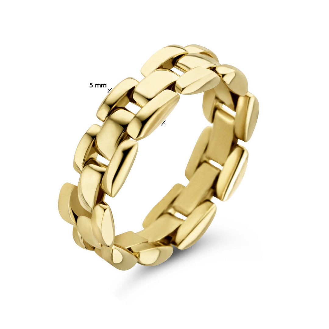 De Van der Kooij Collectie ring flexibele schakel 14K geelgoud is een damesring met uniek, in elkaar grijpend rechthoekig ontwerp. De ring is 5 mm breed en wordt getoond op een witte achtergrond met maataanduiding.