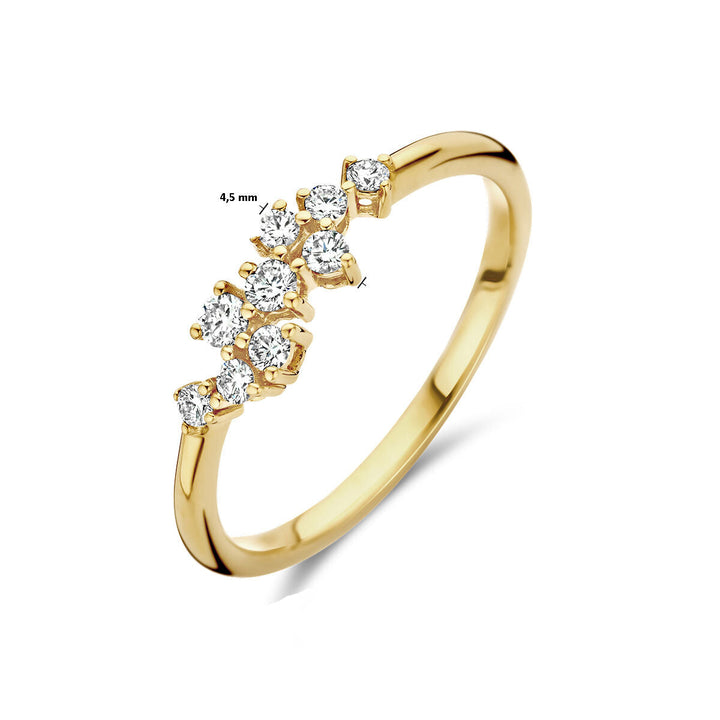 Een 14K geelgouden damesring uit de Van der Kooij Collectie met een cluster van ronde diamanten (0.21ct, H SI).