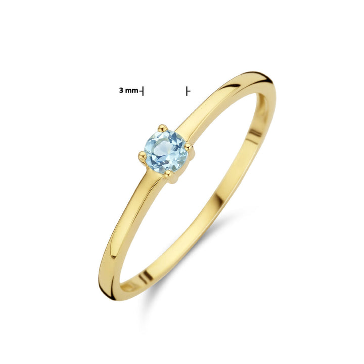 Van der Kooij Collectie ring met geboortesteen aquamarijn maart van 14K geelgoud, met een lichtblauwe, ronde edelsteen van circa 3 mm in vierpoots zetting. Afbeeld op een witte achtergrond.