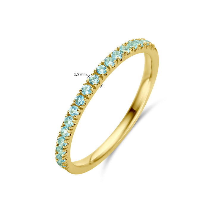 De Van der Kooij Collectie ring met geboortesteen aquamarijn maart is een 14K geelgouden ring met kleine, ronde aquamarijn stenen die vaak over de bovenkant van de band zitten.
