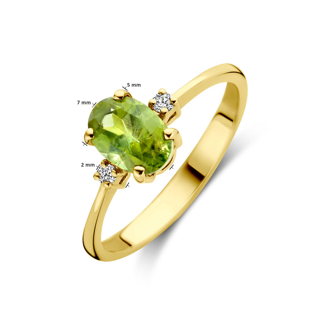 De Van der Kooij Collectie ring 'Trilogie' heeft een 14K geelgouden band met ovale toermalijn (7x5mm) centraal, geflankeerd door twee diamanten (elk 2mm, totaal 0.04ct H SI).