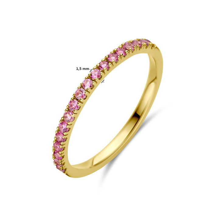 De ring met geboortesteen roze toermalijn oktober 14K geelgoud van Van der Kooij Collectie is een slanke, elegante ring met fijne roze toermalijn steentjes en een delicaat bandje van 1,5 mm breed.