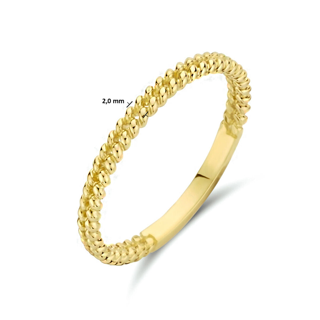De aanschuifring schakel 14K geelgoud van Van der Kooij Collectie heeft een kralenband van 2,0 mm breed, die een tijdloze stijl belichaamt en is afgebeeld op een effen witte achtergrond.