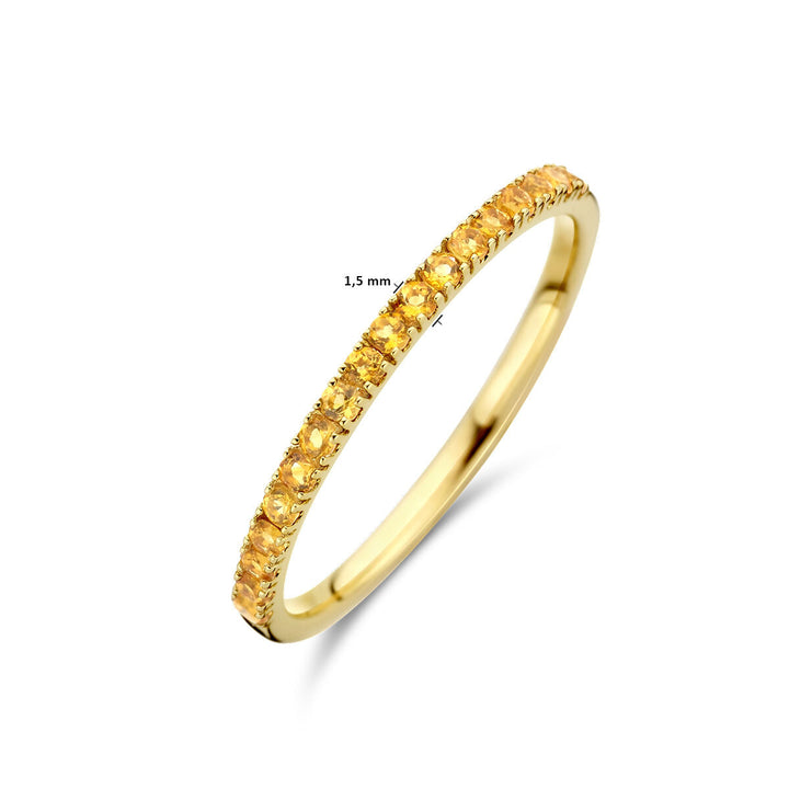 De Van der Kooij Collectie ring met geboortesteen citrien november, uitgevoerd in 14K geelgoud met kleine citrien edelsteentjes rond de 1,5 mm band, is een delicate dames sieraad op een witte achtergrond.
