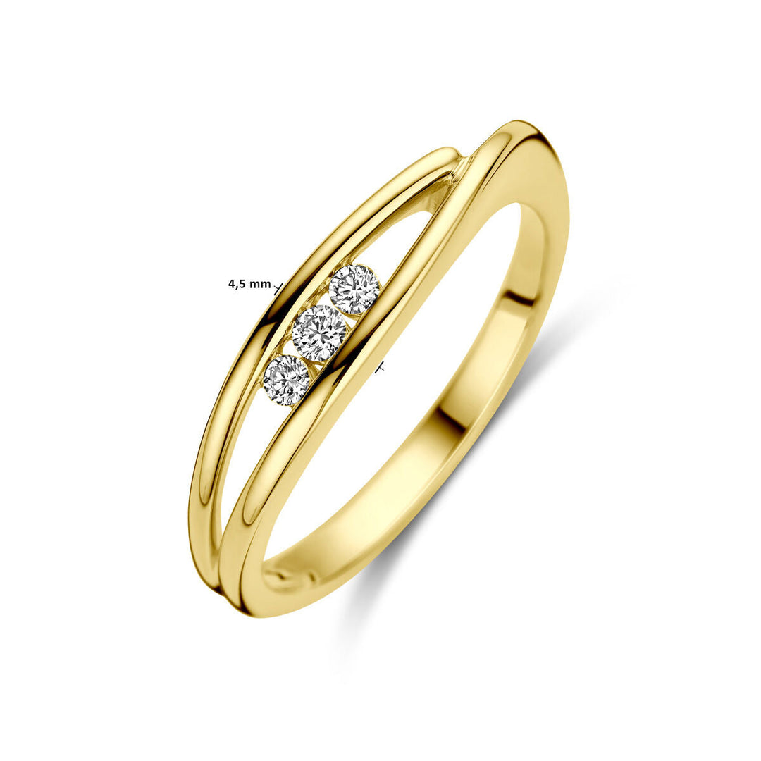 De Van der Kooij Collectie ring trilogie diamant 0.10ct h si in 14K geelgoud heeft een gedeelde schacht en drie witte diamanten centraal, met een breedte van 4,5 mm-een stijlvolle damesring.