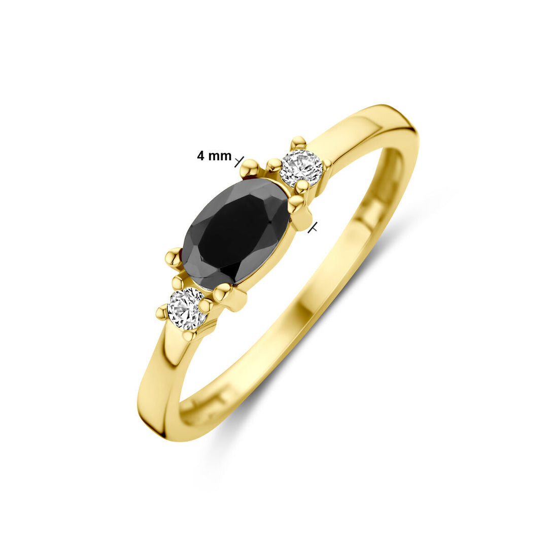 Van der Kooij Collectie ring zwart en wit zirkonia 14K geelgoud: ovaal 4 mm zwart-wit zirkonia centraal, met twee kleine ronde witte stenen aan elke kant op een gepolijste gouden band.