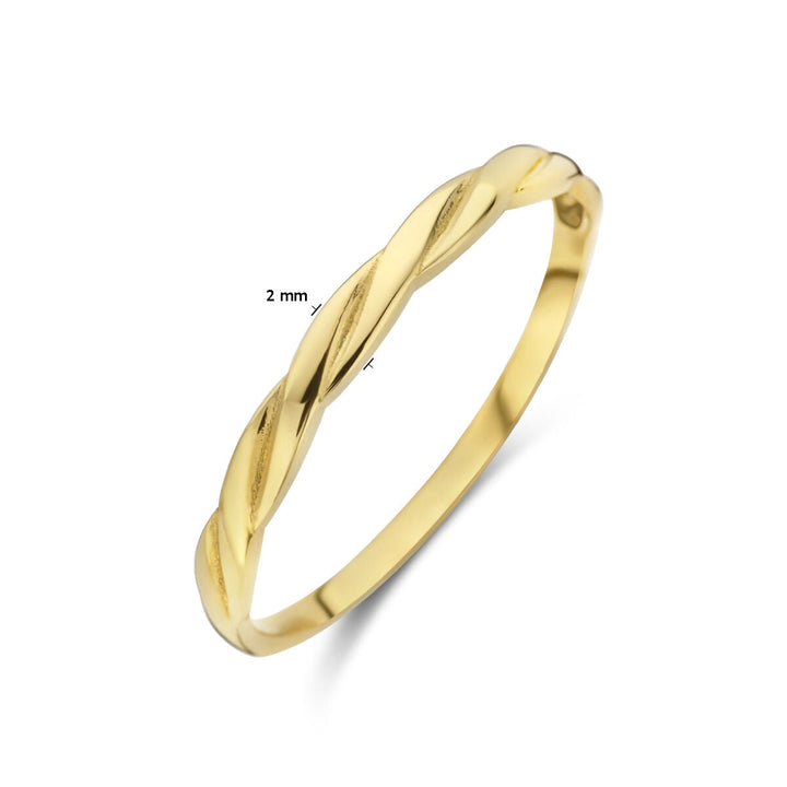 De Van der Kooij Collectie ring gedraaid 14K geelgoud is een slanke, gepolijste gedraaide ring van 2 mm breed, afgebeeld op een effen witte ondergrond.