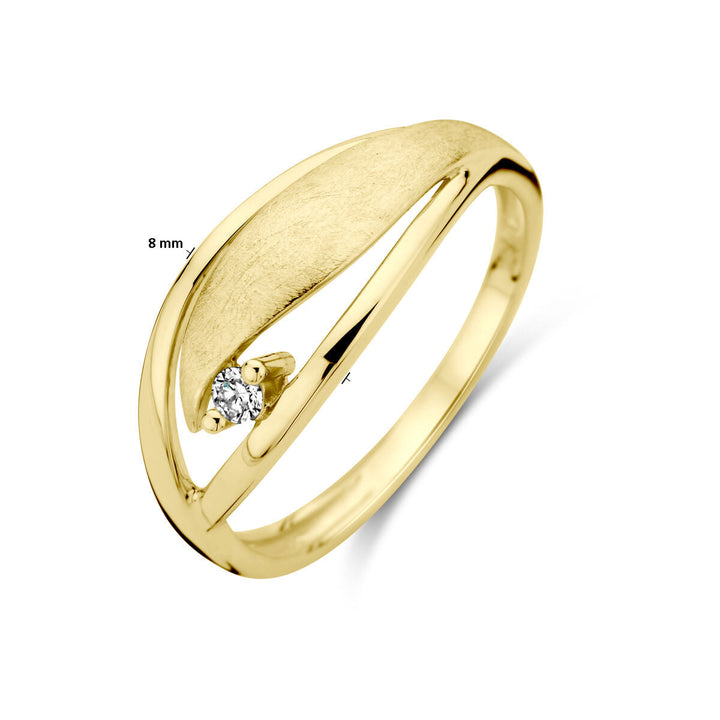 De Van der Kooij Collectie ring poli/mat diamant 0.04ct h si, vervaardigd uit 14K geelgoud, heeft een elegant modern ontwerp met een ronde diamant in een gedraaide open band van maximaal 8 mm breed.