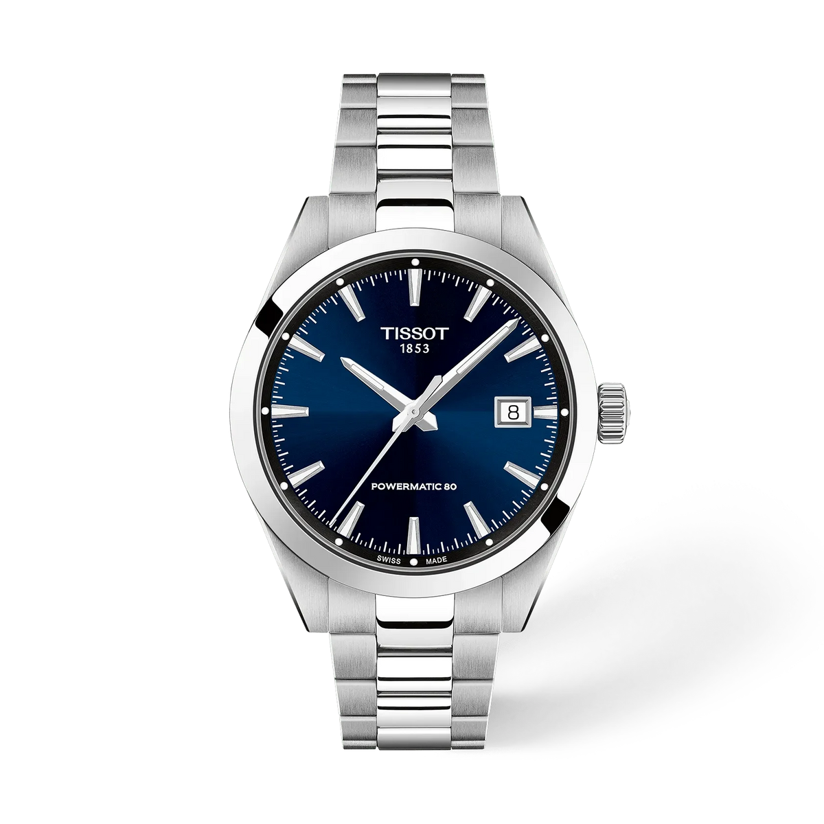 Herrenarmbanduhr mit silbernem Gehäuse, blauem Zifferblatt und Edelstahlarmband