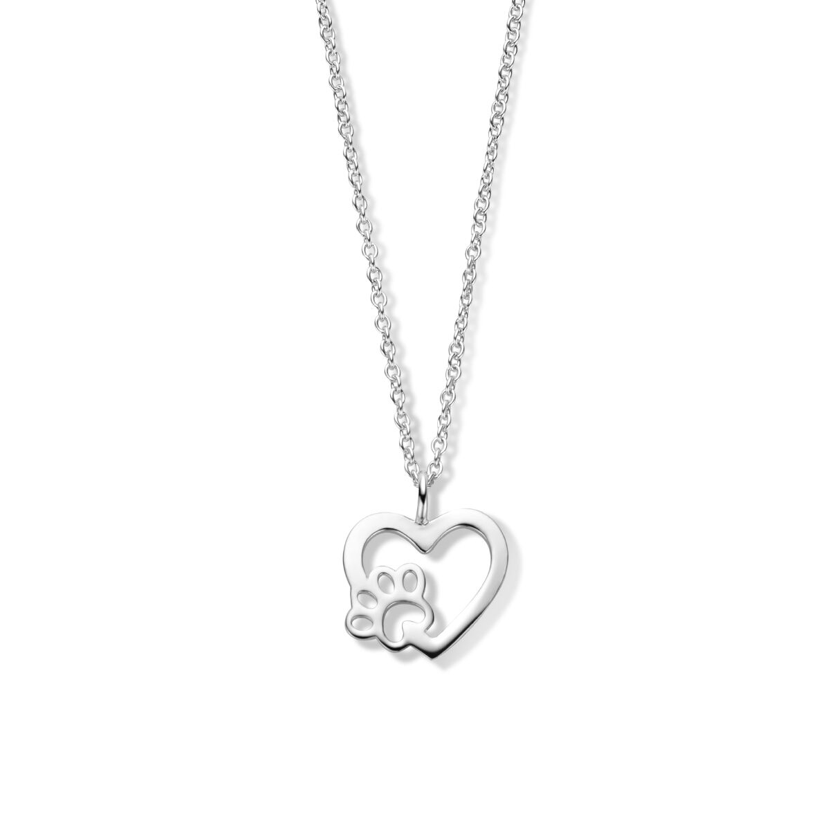 Collier mit herzförmigem Anhänger und Hundepfote aus rhodiniertem Silber, 41 + 4 cm lang