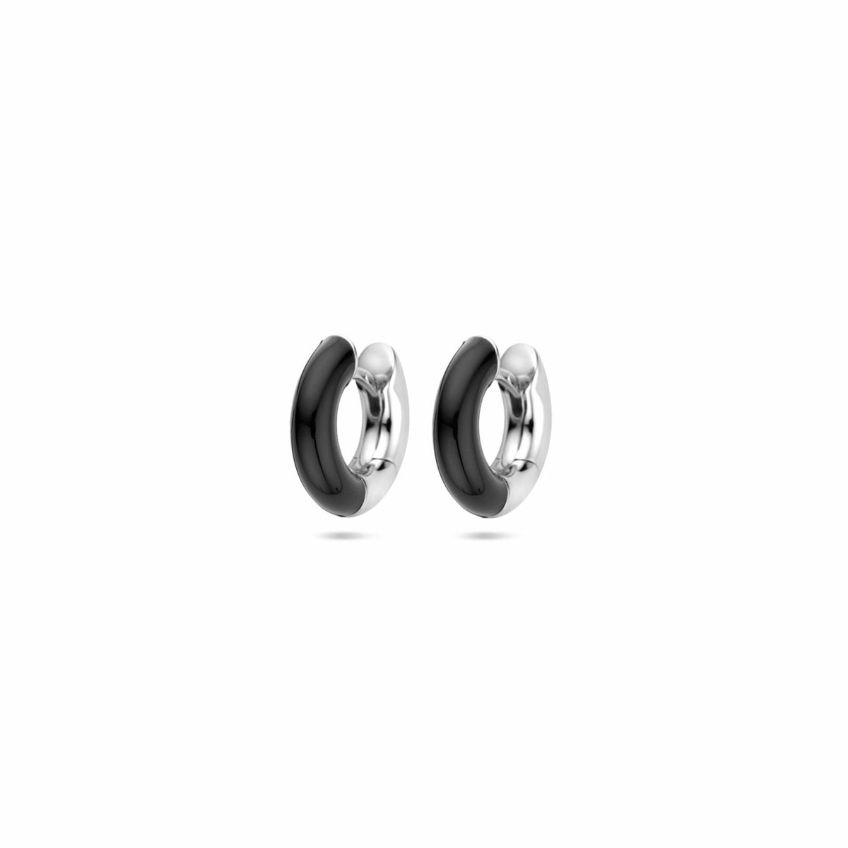 Klapp-Ohrringe aus rhodiniertem Silber mit schwarzem Emaille, 4 mm breit