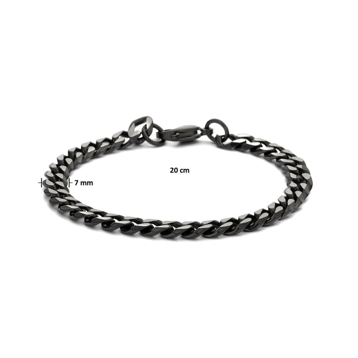 De Van der Kooij Collectie Gourmette 7,0 mm ion plating edelstaal armband in zwart metaal (20 cm x 7 mm), voorzien van een karabijnsluiting, is stijlvol weergegeven op een witte achtergrond - ideaal als armband voor heren.