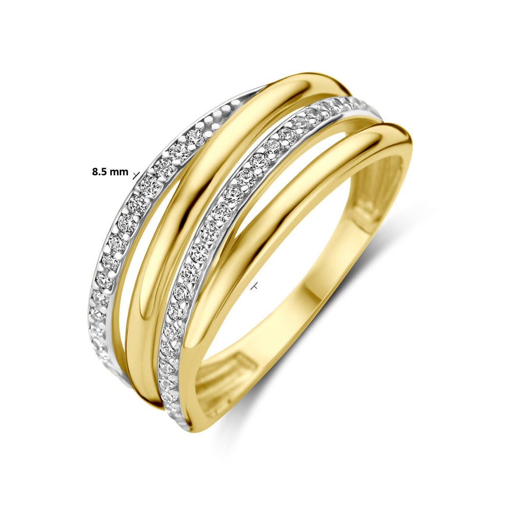 De Van der Kooij Collectie ring zirkonia bicolor gestift 14K geelgoud heeft drie parallelle banden-twee effen en een bezet met fonkelende zirkonia-en meet 8,5 mm breed.