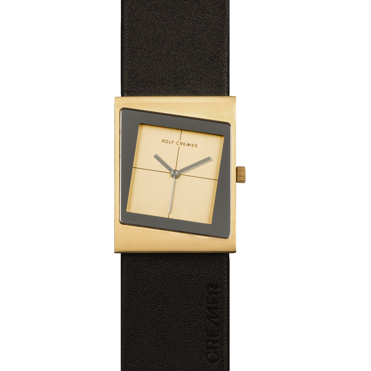 Quadratische Uhr mit goldenem Gehäuse, grauem Zifferblatt und schwarzem Lederarmband