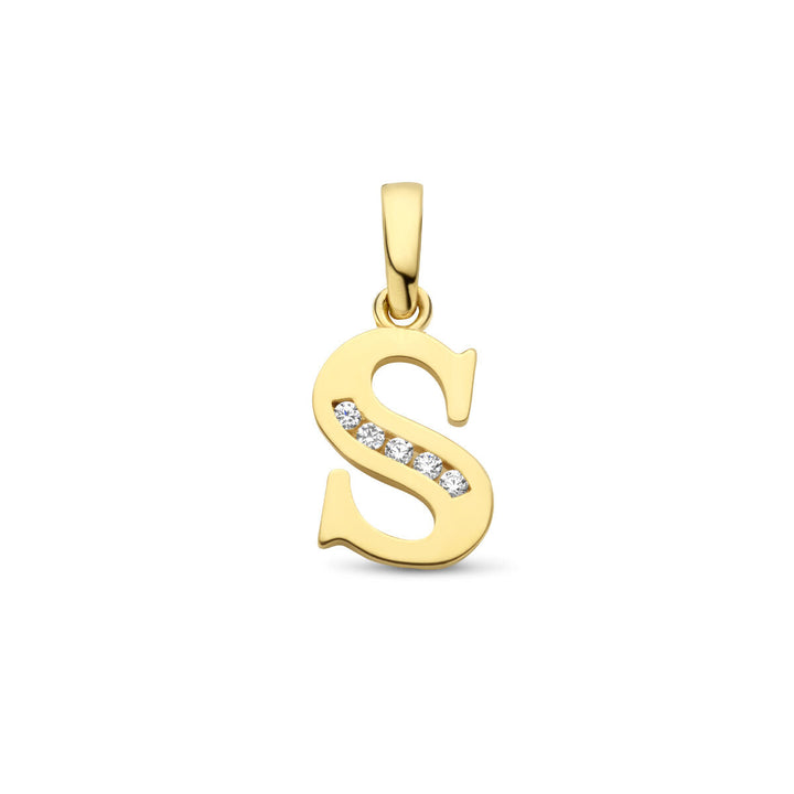 Van der Kooij Collectie hanger letter zirkonia 14K geelgoud: geelgouden S-hanger met vijf diagonale zirkonia's, gepolijst oppervlak en eenvoudige lus voor je ketting.