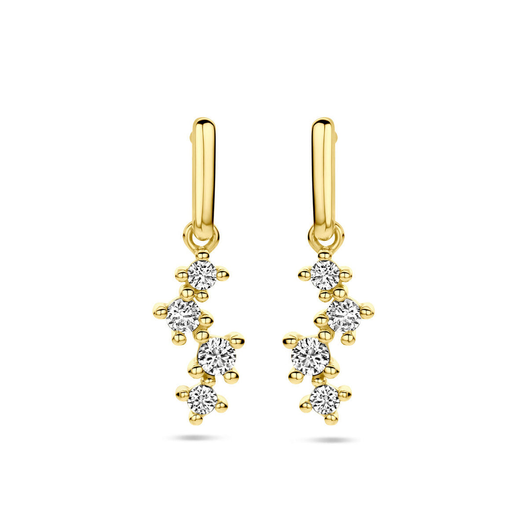 De Van der Kooij Collectie oorhangers zirkonia 14K geelgoud hebben clusters van sprankelende ronde zirkonia's in een bloemmotief - een elegante keuze voor liefhebbers van damessieraden.