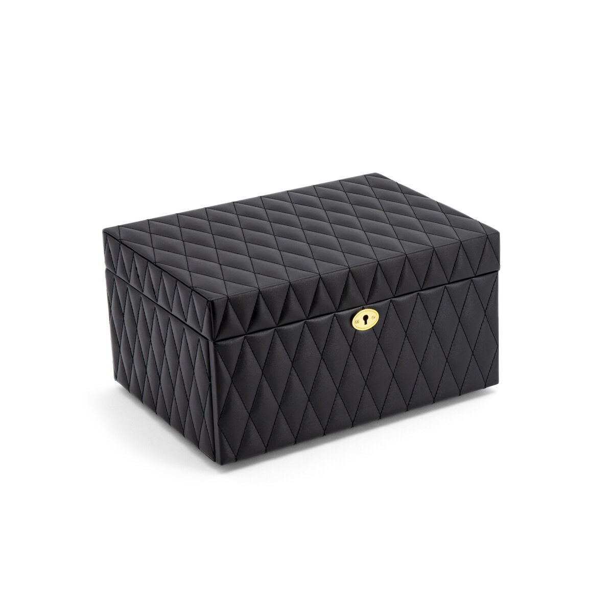 Schwarze Schmuckbox mit gestepptem Design und goldfarbenem Verschluss.