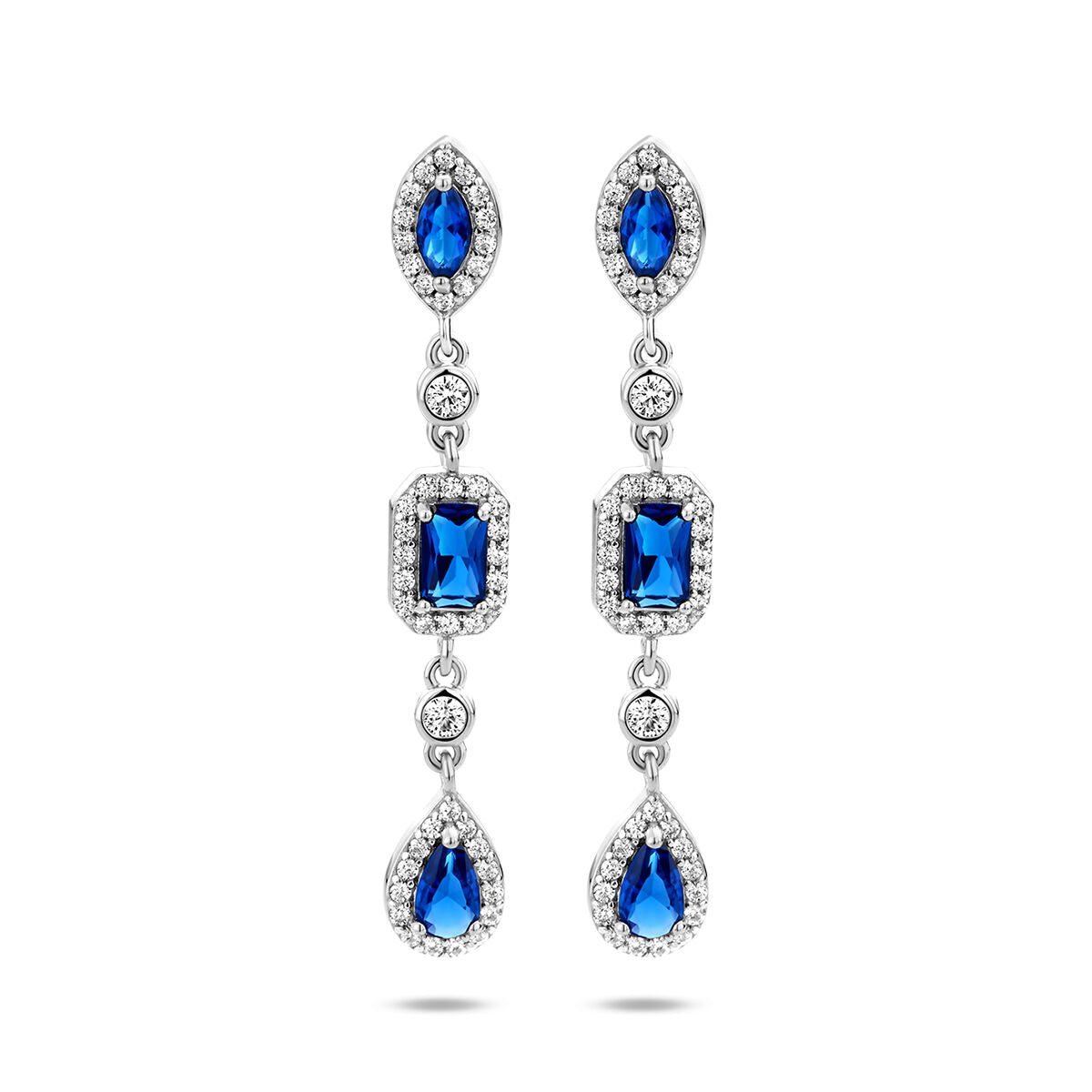 Ohrhänger aus rhodiniertem Silber mit weißen und blauen Saphir-Zirkonia, tropfenförmige und rechteckige Steine