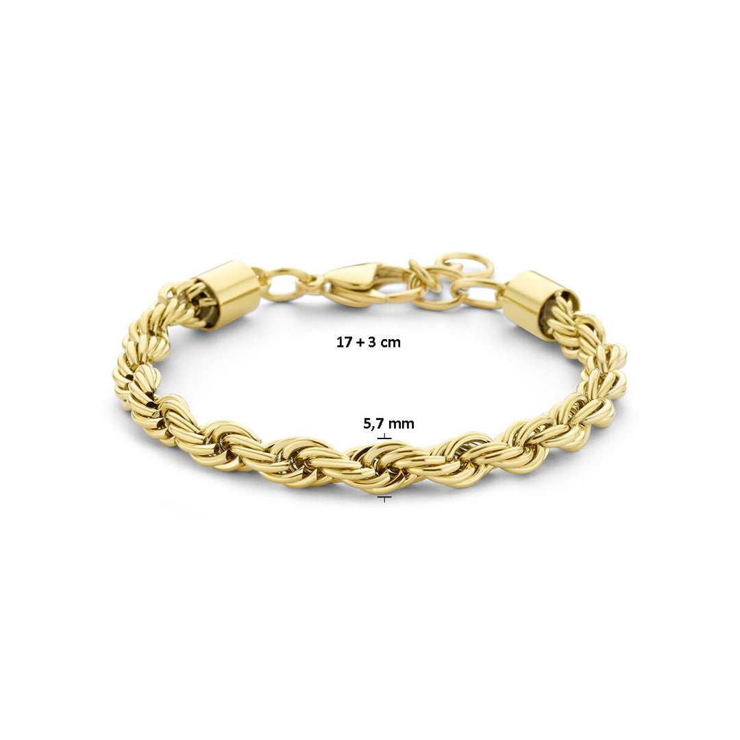 De Van der Kooij Collectie armbandkoord 5,7 mm, 17 + 3 cm, van ion plating edelstaal is afgebeeld op een witte achtergrond met stevige karabijnsluiting en beide maten duidelijk zichtbaar op de foto.