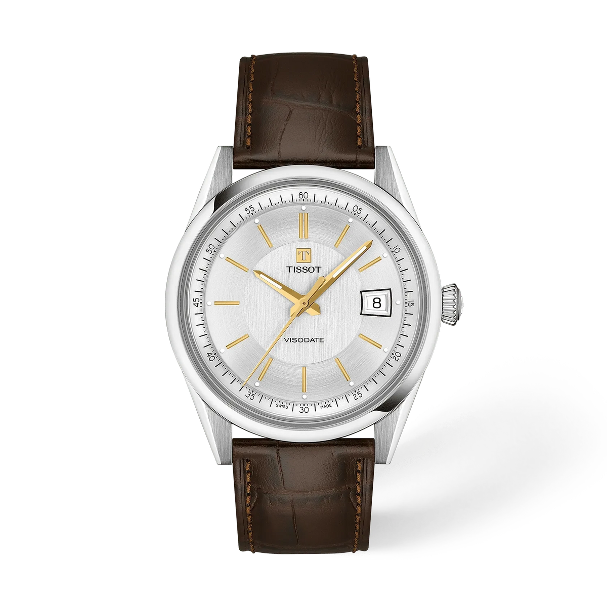 Herrenarmbanduhr mit silbernem Zifferblatt, Edelstahlgehäuse und braunem Lederarmband