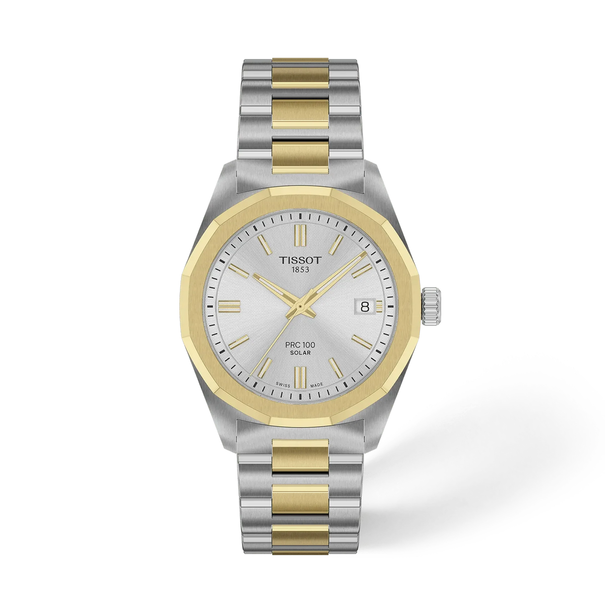 Uhr mit silbernem Zifferblatt, Edelstahl-Gehäuse und goldfarbener Lünette, Armband aus Edelstahl und Gold.