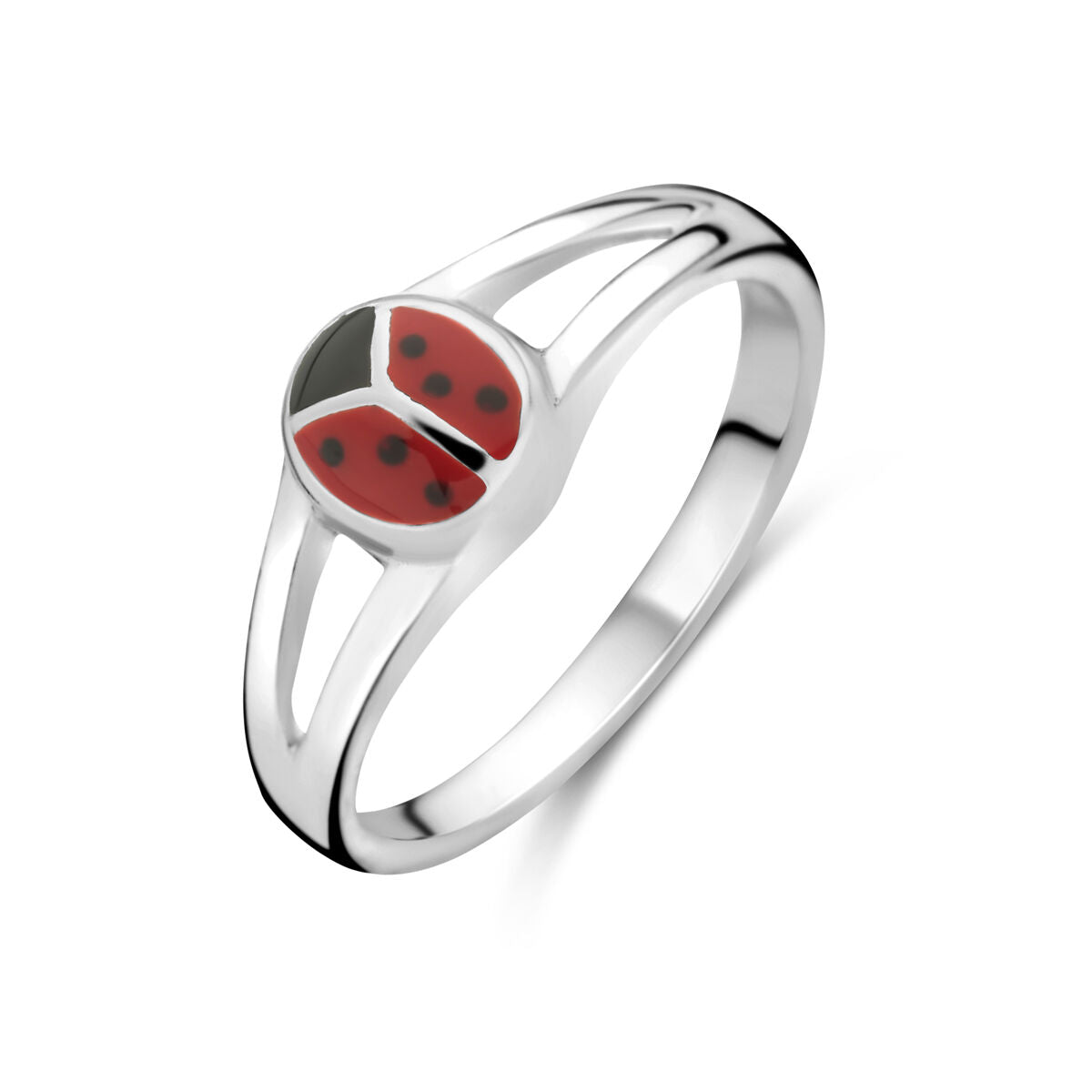 Ring aus Silber mit rotem Marienkäfer-Motiv und schwarzen Punkten