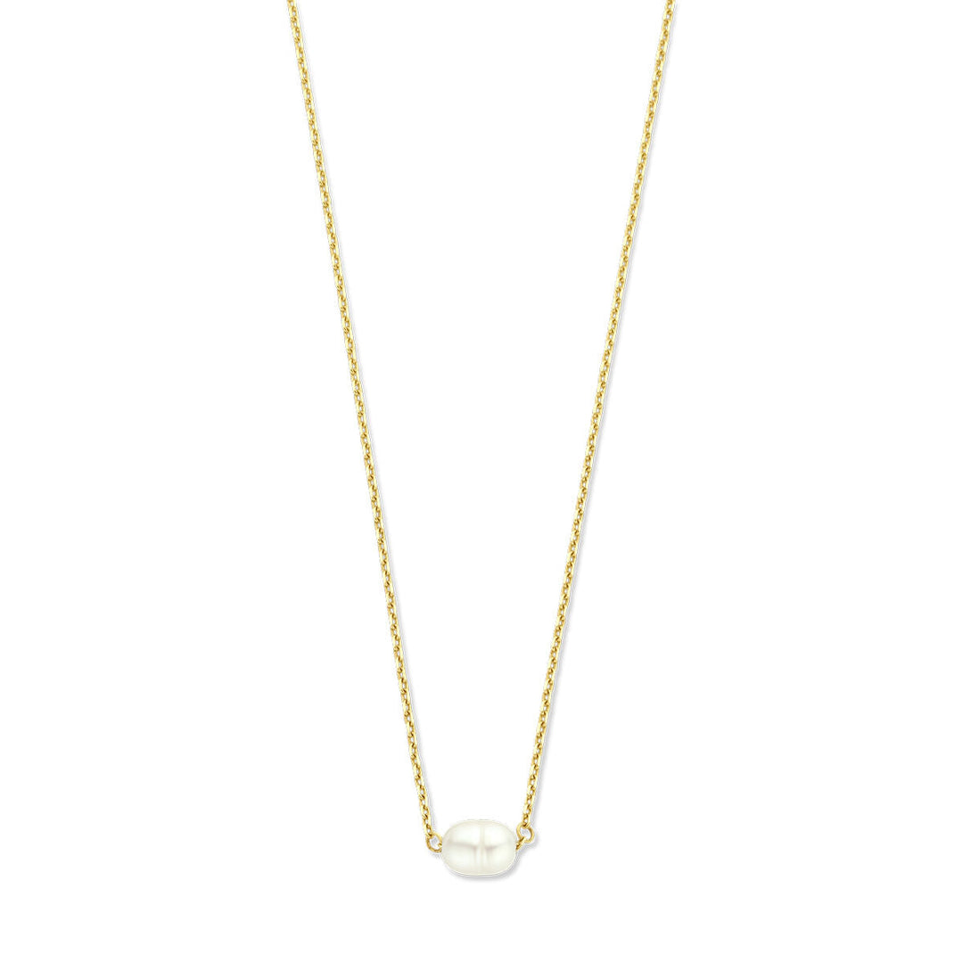 De Gouden dames ketting parel barok 14K van Van der Kooij Collectie is een delicaat 14 karaat gouden collier met in het midden een kleine barokke zoetwaterparel hanger.