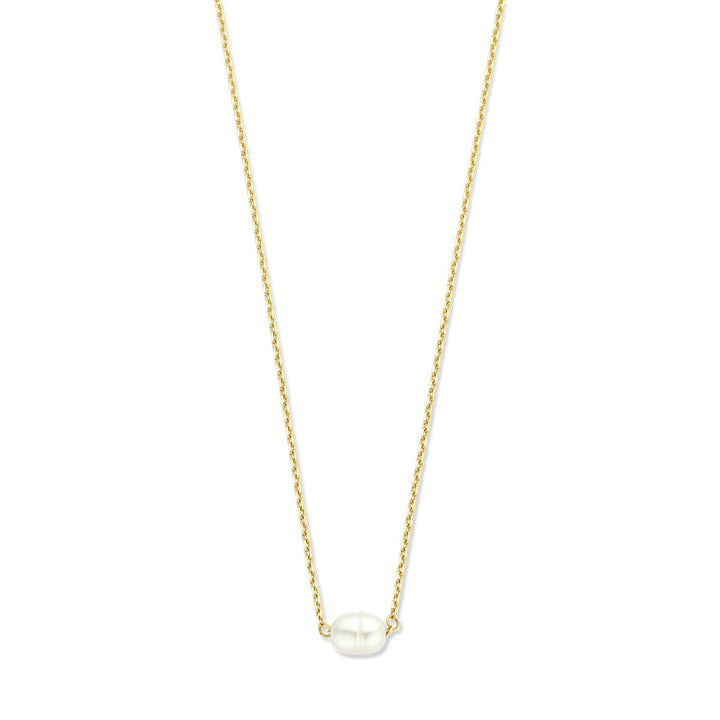 De Gouden dames ketting parel barok 14K van Van der Kooij Collectie is een delicaat 14 karaat gouden collier met in het midden een kleine barokke zoetwaterparel hanger.