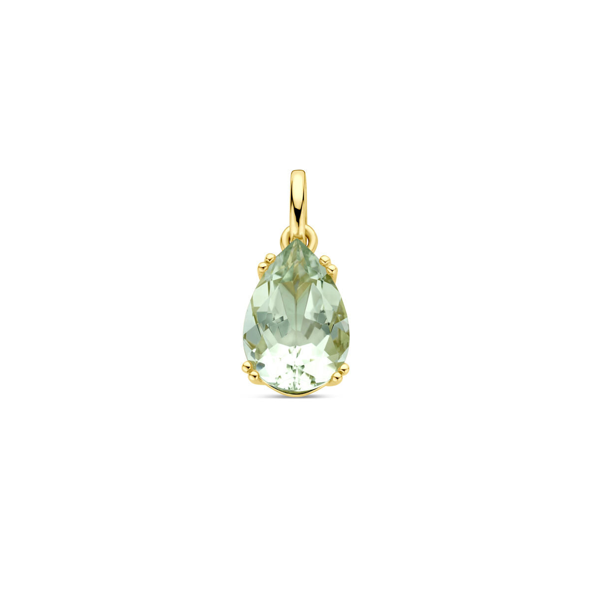 Hänger aus 14K Gelbgold mit grünem Amethyst in Tropfenform, 18 mm groß
